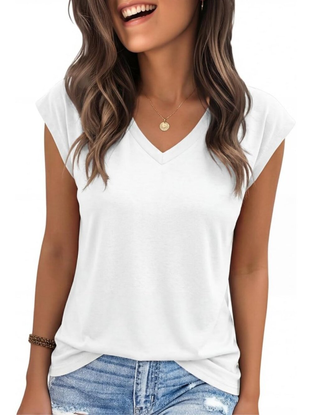 Women White Cap Sleeve T Shirt V Neck Cute Trendy Casual Summer Comfortable Top